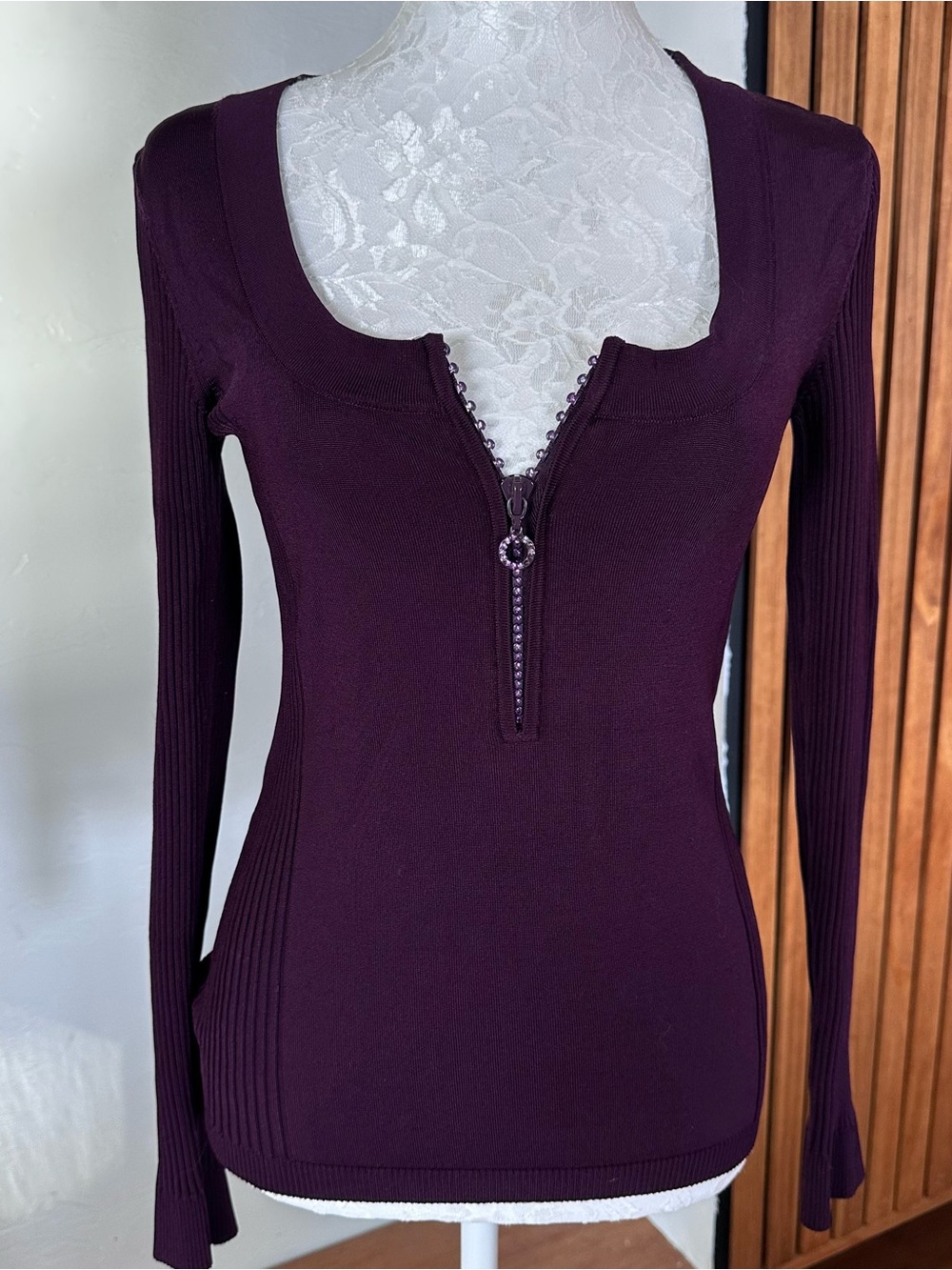 Cache Long-Sleeve Zip-Front Knit Top in Plum